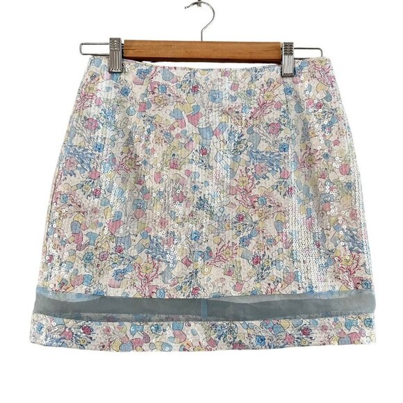 LYN Around Women's Skirt Floral Size L Mini Skirt Blue Pink Sequence Runs Small - Picture 1 of 11